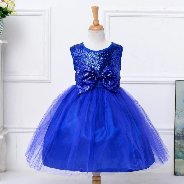 Kız Çocuk Saks Mavi Payetli Prenses Model Kız Çocuk Abiye Elbise 2-14 Yaş Kabarık Model Doğum Günü Elbisesi