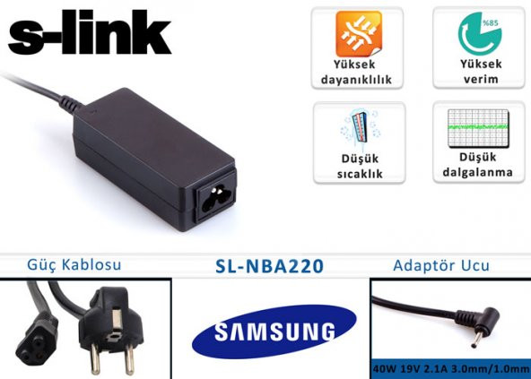 S-link SL-NBA220 40W 19V 2.1A 3.0mm/1.0mm Samsung Adaptör