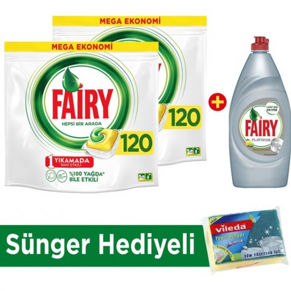 Fairy HBA Bulaşık Kapsülü 240 Yıkama+Platinum Sıvı 870 ml+Sünger