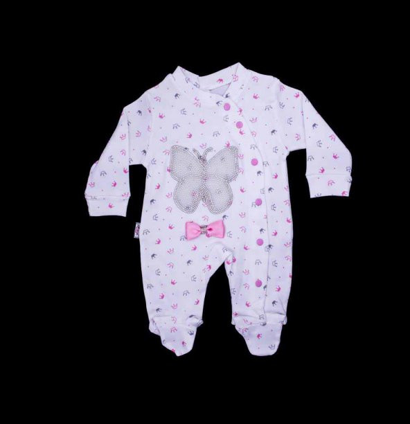 İNCİ TAŞLI PEMBE KELEBEKLİ YENİDOĞAN KIZ BEBEK PAMUKLU TULUM - 2