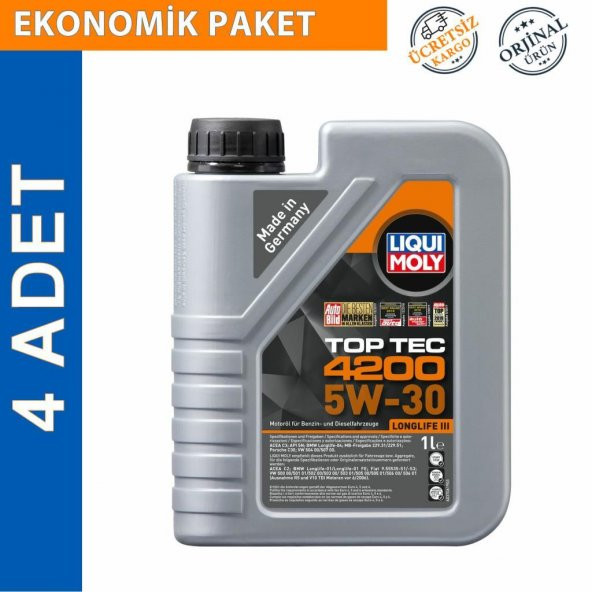 Liqui Moly Top Tec 4200 5W-30 Tam Sentetik Motor Yağı 1 Lt (4 Adet) (8972)