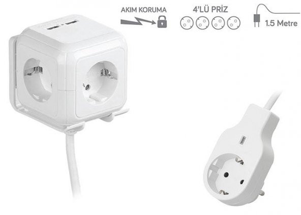 S-link Küp Akım Korumalı Priz 1.5m 4 lü+2 USB Hızlı Şarj Grup Priz - 5