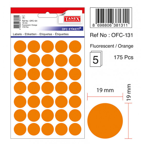 Tanex Fluorescent / ORANGE Ofis Etiketi 19mm 5.yaprak (175 Etiket)