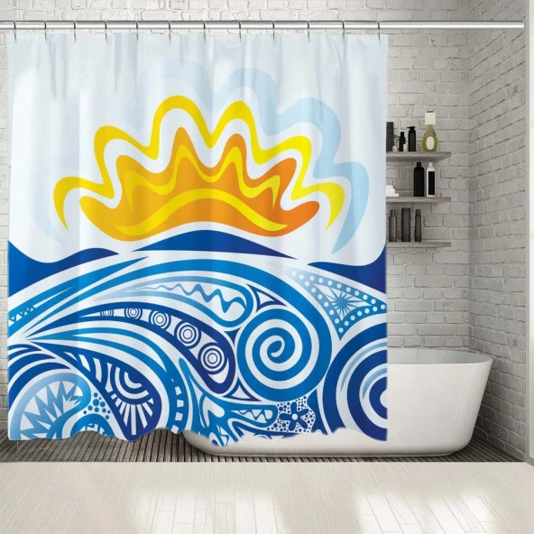 Baskılı Duş Perde Deniz Dalga Güneş Desenli