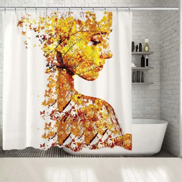 Baskılı Duş Perde Genç Kadın Düşen Sonbahar Yaprak Desenli