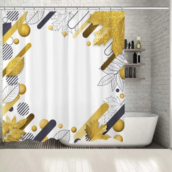 Baskılı Duş Perde Altın Sonbahar Yapraklı Geometrik Desenli