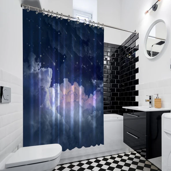 Baskılı Duş Perde Gece Gökyüzü Yıldız Desenli Mavi Mor - Resim 3