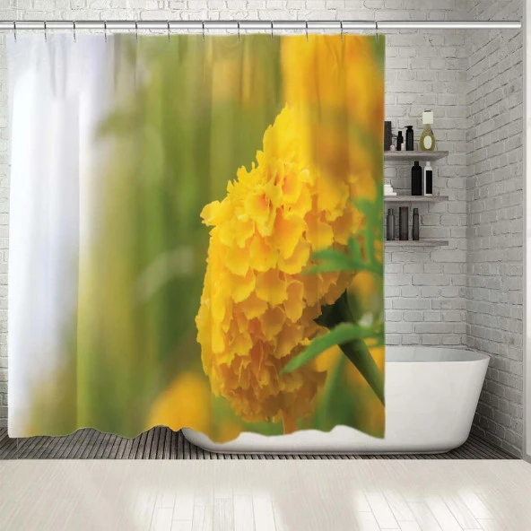 Baskılı Duş Perde Güneş Işığı Manzaralı Sarı Renkte Çiçek Desenli