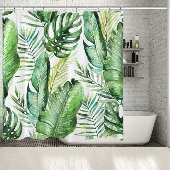 Baskılı Duş Perde Yeşil tropikal palmiye ve eğreltiotu yaprakları