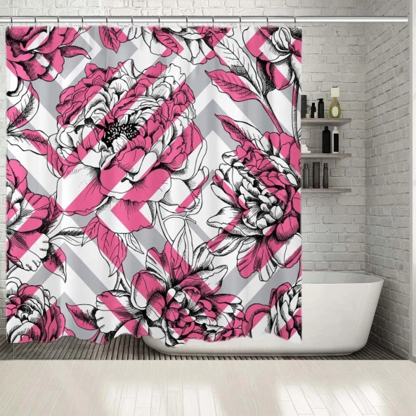 Baskılı Duş Perde Geometrik Pembe Şekil Çiçek Desenli
