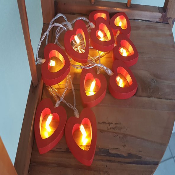 Led Işıklı Ahşap Kırmızı Kalp Dizeleri Dekotarif Lamba Aydınlatma Romantik Süsleme