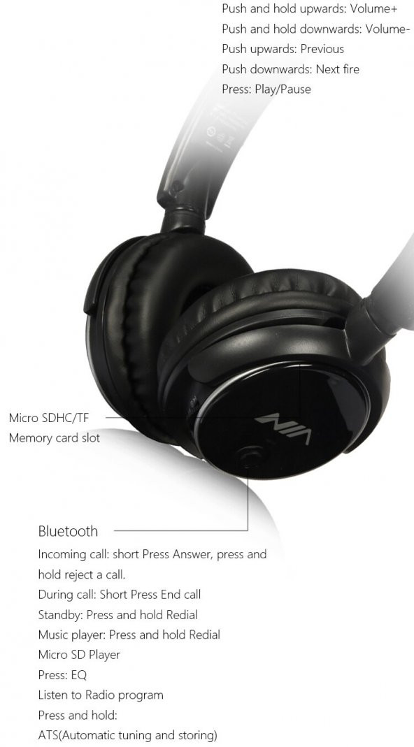 Nia Q1 Fm Radyolu Kablosuz bluetooth Kulaklık Extrabass Siyah - 6