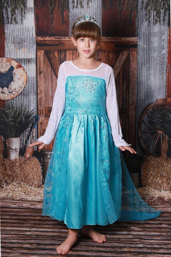 Kız Çocuk Prenses Kostümü Kuyruklu Mavi Parti Elbisesi Abiye Elsa