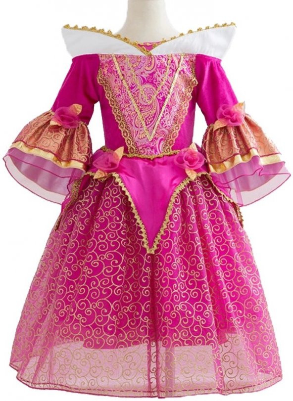 Kız Çocuk Fuşya İşlemeli Prenses Aurora Kostüm Aura Elbise Abiye