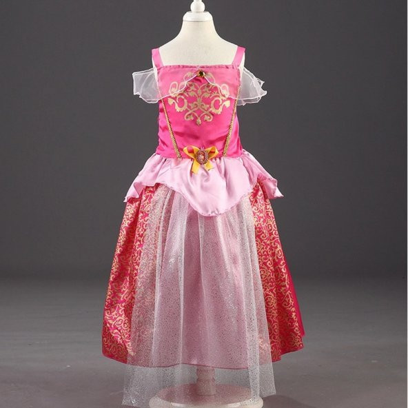 Kız Çocuk Pembe Askılı Elbise Prenses Aurora Kostümü Uyuyan Güzel Kostümü Taç Hediyeli 2-9 Yaş Arası
