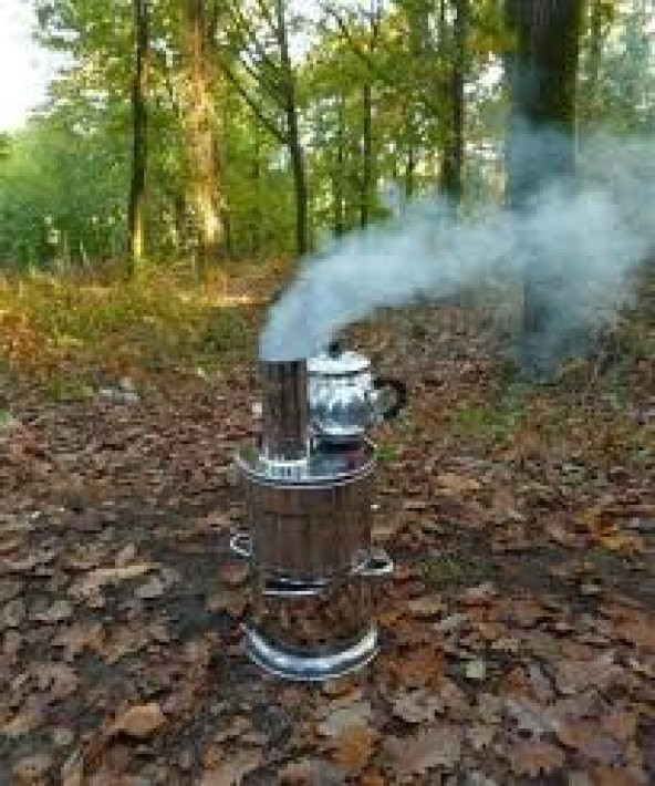 Semaver Çift Musluk Piknik Çay Semaveri Odunlu Demlikli 3 lt - 4