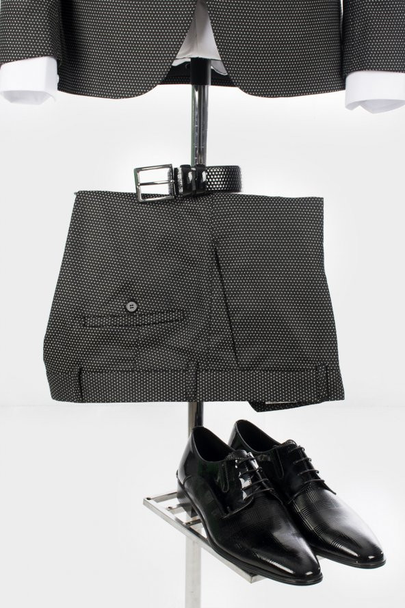 DeepSEA Siyah Nokta Desenli Tek Düğme Çift Yırtmaç Slimfit Takım Elbise 19010811