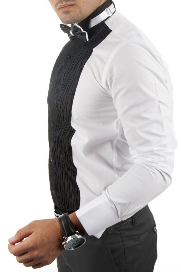 DeepSEA Siyah-Beyaz Önü Kabartmalı Çift Renk Uzun Kollu Erkek Gömlek 1601507