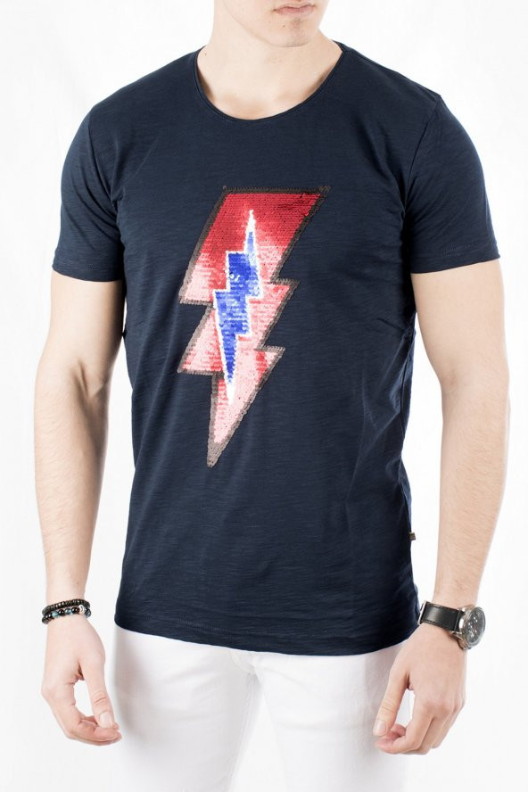 DeepSEA Lacivert Desenli Pul Payet İşlemeli Sıfır Yaka Slim Fit T-Shirt 1919211