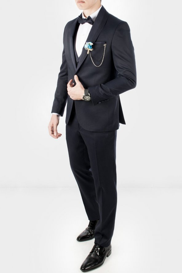 DeepSEA Koyu Lacivert Kendinden Desenli Şifon Yaka Erkek Takım Elbise 1905000