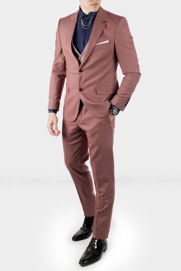 DeepSEA Kiremit Rengi Kendinden Desenli Dar Kalıp Erkek Takım Elbise 1910953