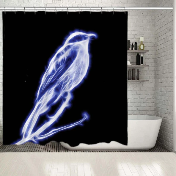 Baskılı Duş Perde Işık Çizgili Kuş Desenli Mavi