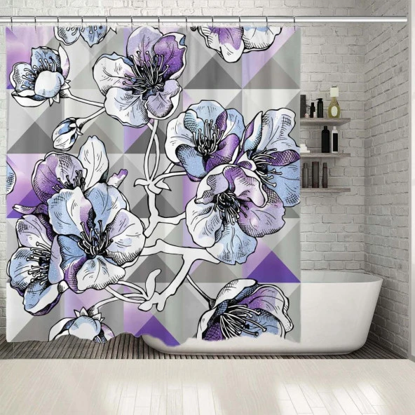 Baskılı Duş Perde Geometrik Şekil Etkili Gül Ve Yaprak Desenli