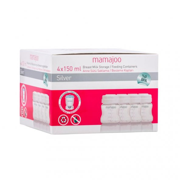 Mamajoo Silver Anne Sütü Saklama Kapları 4x150 ml & Silver Biberon 150ml - 9
