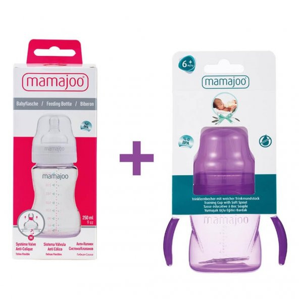 Mamajoo Kulplu Eğitici Bardak 160ml & Silver Biberon 250ml/Mor - 6