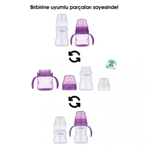 Mamajoo Kulplu Eğitici Bardak 160ml & Silver Biberon 250ml/Mor - 7