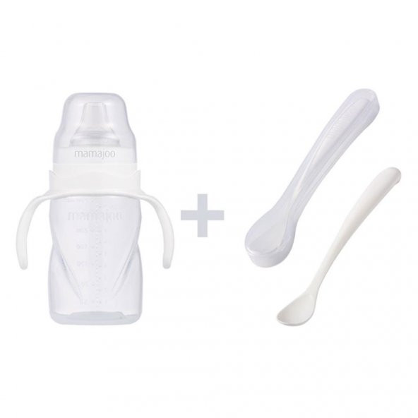 Mamajoo Kulplu Eğitici Bardak 270 ml & İkili Beslenme Kaşığı / Beyaz - 1
