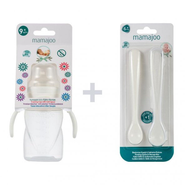 Mamajoo Kulplu Eğitici Bardak 270 ml & İkili Beslenme Kaşığı / Beyaz - 2