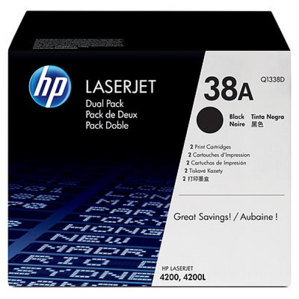 HP 38A Black Dual Pack LaserJet Toner Cartridges Q1338D