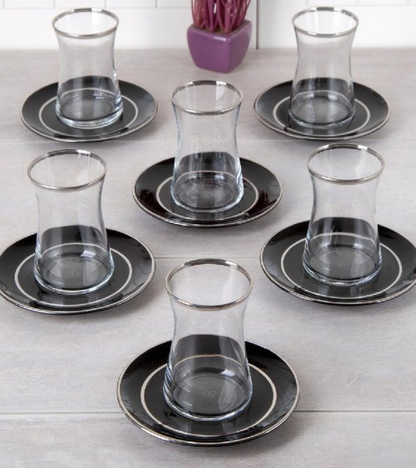 6 Kişilik Siyah Cam Tabaklı Çay Bardağı Seti - Gümüş