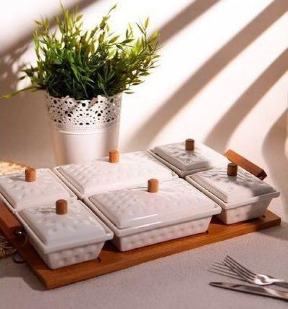 6lı Bambu Standlı Porselen Kahvaltılık Seti