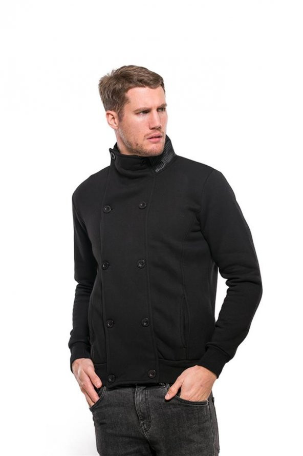 Karinmoda Düğmeli Ceket Swaetshirt Boğazlı siyah