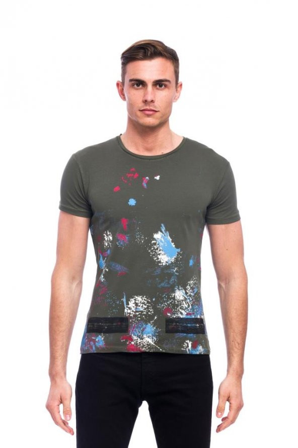 Sıçratma Renk Desen Efektli Haki Erkek Tişört