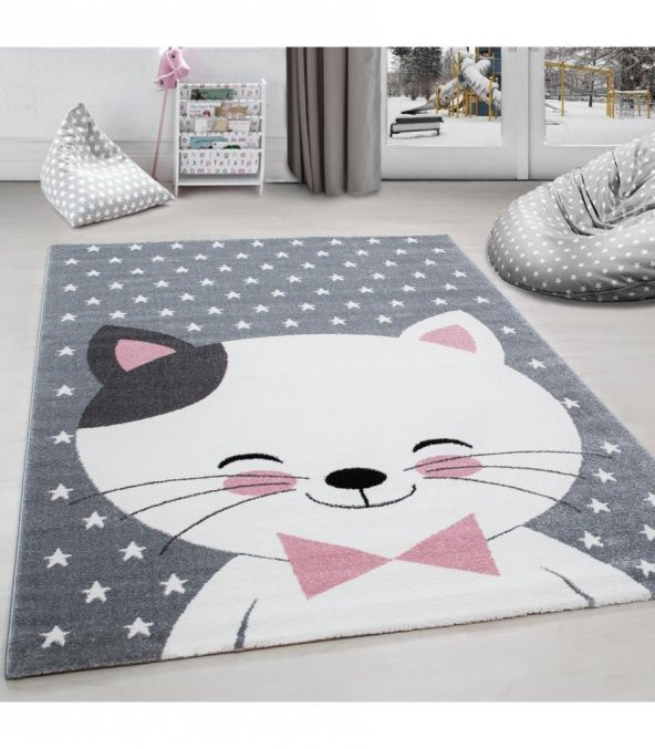 Çocuk halısı sevimli Kedi ve Yıldız desenli Gri-Pembe-Beyaz