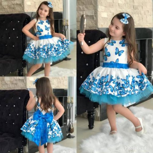 Mavi Kelebekli Tüllü Çocuk Elbisesi - Mavi Kız Çocuk Elbisesi - Tokalı Elbisesi - Kelebek Desenli