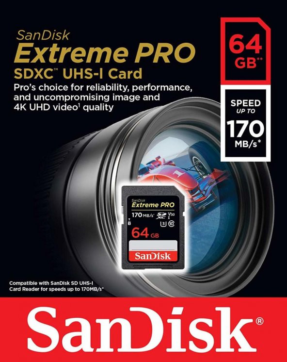Sandisk Extreme PRO 64GB SD Hafıza Kartı  4K U3 V30 170MB/s