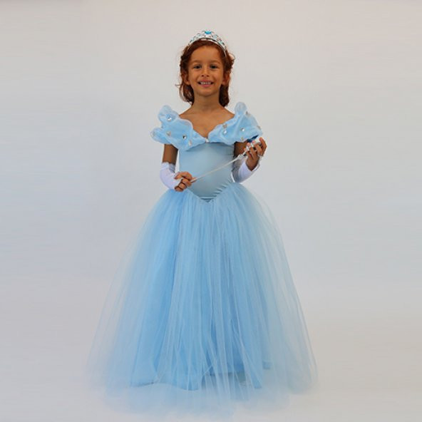 Sindirella Kostümü - Kabarık Prenses Kostümü Eldiven Asa Taç HEDİYE - Tameris Kostüm