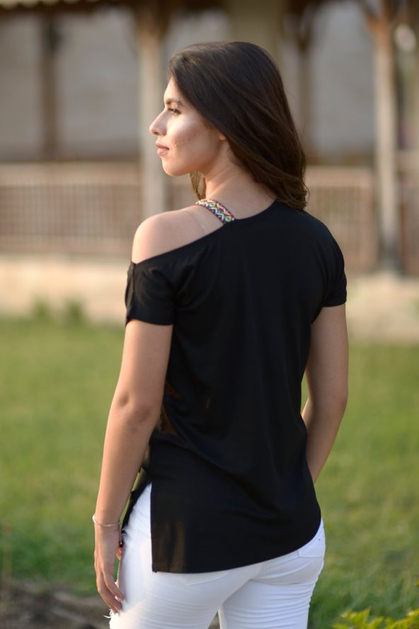 Omuz Şeritli Siyah T-Şört - 2