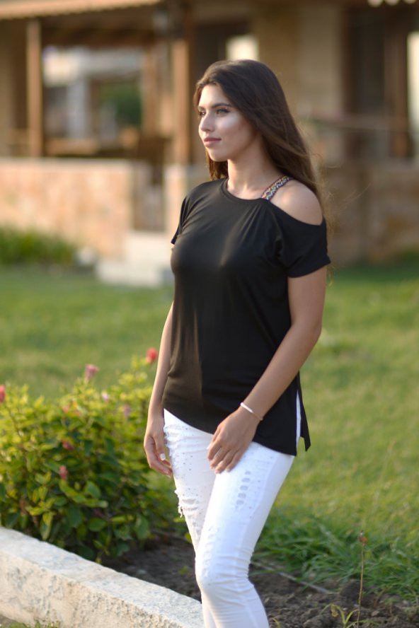 Omuz Şeritli Siyah T-Şört - 3