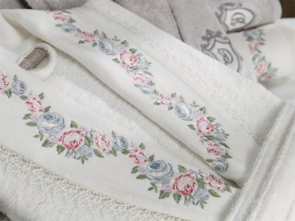 Lara Nakışlı Bambu Bornoz Takımı Krem Taş - 2