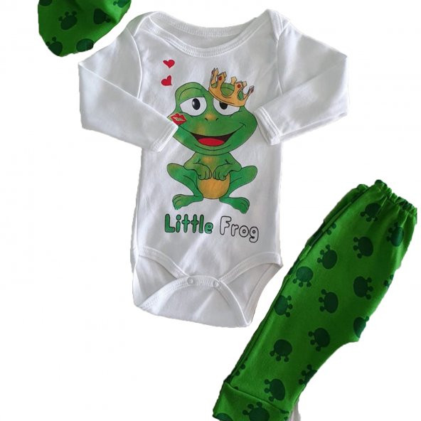 Kız-Erkek Bebek Kurbağa Baskılı 0-3 Ay Yeşil Takım - C73233-3k