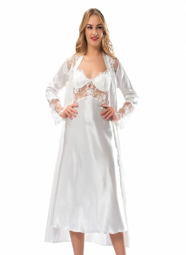 Beyaz Saten Altılı Gecelik Pijama Se - 5