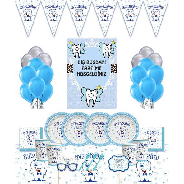 AFİŞLİ İLK DİŞİM MAVİ DİŞ BUĞDAYI PARTİ MALZEMELERİ 16 KİŞİLİK