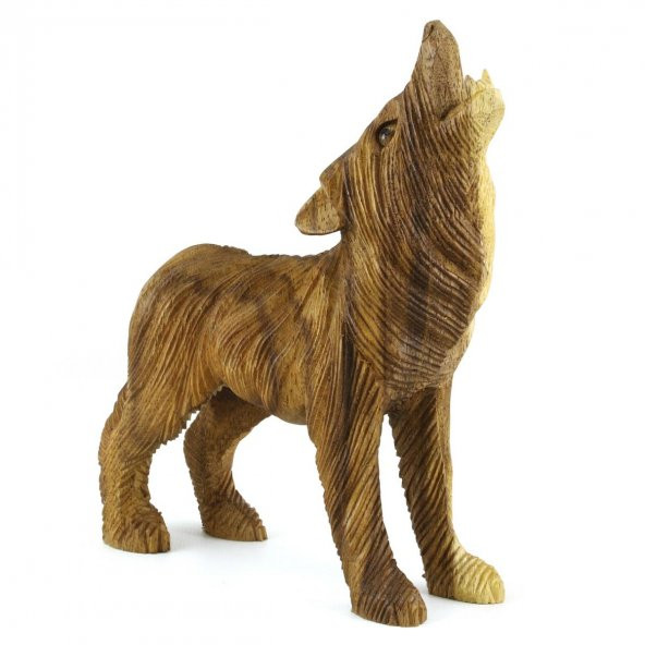 20.5cm Dekoratif Ahşap Uluyan Kurt Figürü, El Oyması, Biblo, Obje