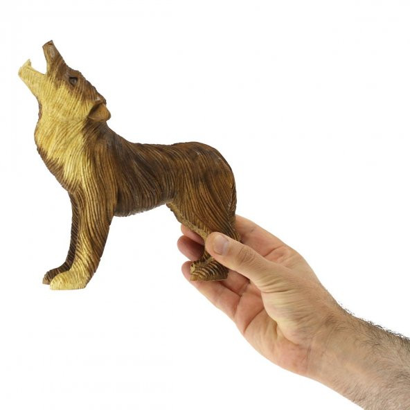 20.5cm Dekoratif Ahşap Uluyan Kurt Figürü, El Oyması, Biblo, Obje - 2