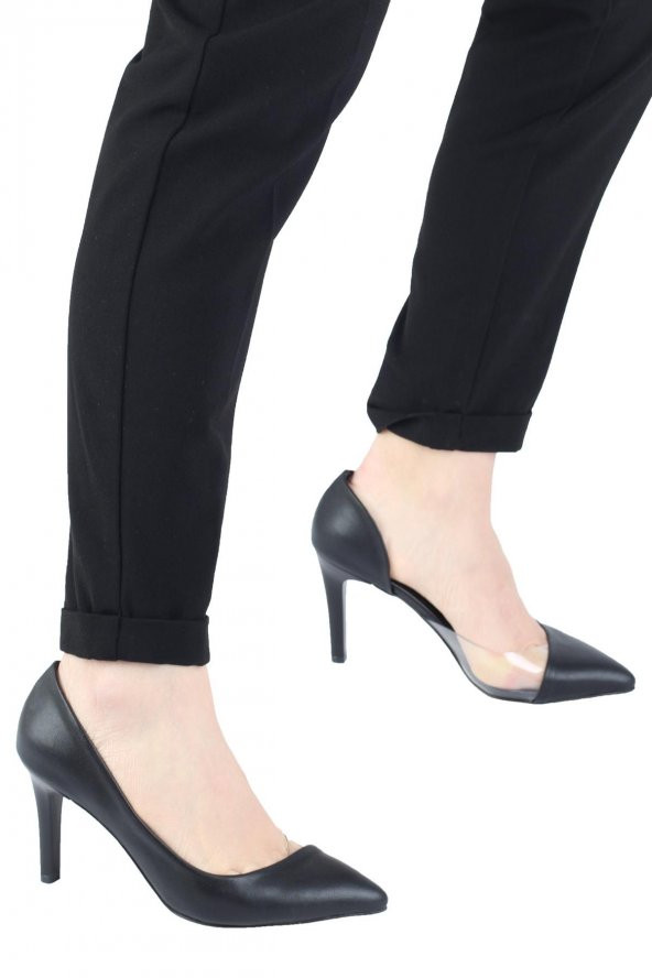 Siyah Yanı Açık Şeffaf Stiletto Topuklu Kadın Ayakkabı - Lotus